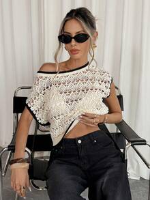 Siren Gaze Spring & Summer Outfit Women Valentine's Day/Day/Romantic/Business Casual Woman/Elegant/Casual/Vintage/Festival/Country Concert Outfit/Brunch Outfits/Homecoming/Easter/Guest Outfit/Tea Party Outfit/Basic/Prom/Wedding/Formal/Western/Cocktail/Vintage/Club/Birthday Outfit/Cute/Spring Break/Bachelorette/Classy/Old Money Style/Work Clothes/Going Out/Vacation/Office Outfits/Airport Outfits/2000s Style/Streetwear/Basic/Vacation/Holiday/Beach/Women's Casual Hollow-Out Knit Top With Contrast Trim, Summer - Black and White - View 5