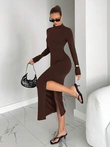Siren Gaze Đầm dài tay ôm sát, màu trơn, hở lưng, xẻ tà cao đến đùi dành cho nữ. - Cà phê nâu - Xem 4