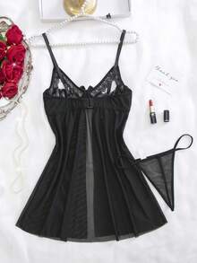 SHEIN Bộ đồ lót ren lưới tương phản 2 món có gọng dành cho nữ - màu đen - Xem 2