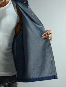 Street Life Spring/Summer Casual Graphic Men'S Short Sleeve Fashionable Front Button Rhinestone Denim Shirt - Blue - View 7