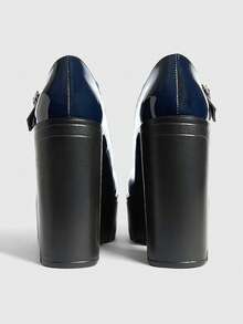 Sugerpunk 女士时尚百搭通勤搭扣厚底厚底粗跟高跟鞋 - 寶藍色 - 查看 3