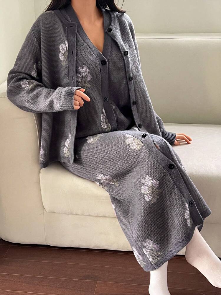 2pcs Knitted Long Sleeve Cardigan & Pinafore Dress Ditsy Floral Pajama Set For Women