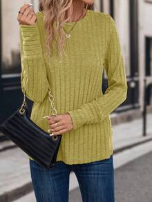 EMERY ROSE Camiseta de manga larga de cuello redondo de unicolor y minimalista para mujer, para uso diario - Amarillo - Ver 3