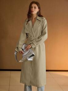 MOTF PREMIUM Áo khoác trench coat cổ ve hai hàng khuy - Màu Khaki - Xem 6