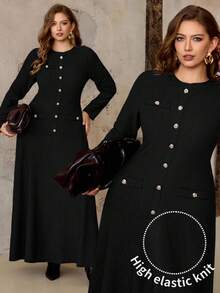 Roveilla Plus Size Women's Textured Elastic Round Neck Front Metal Button A-Line Long Sleeve Dress, Elegant Vintage French Office Commute Business Casual Streetwear, Versatile Autumn/Winter Formal Party Christmas New Year Dress Black Dress Women Black Elegant Dress Button Dress Elegant Curve Dress Plus Size Black Dress - Black - View 1