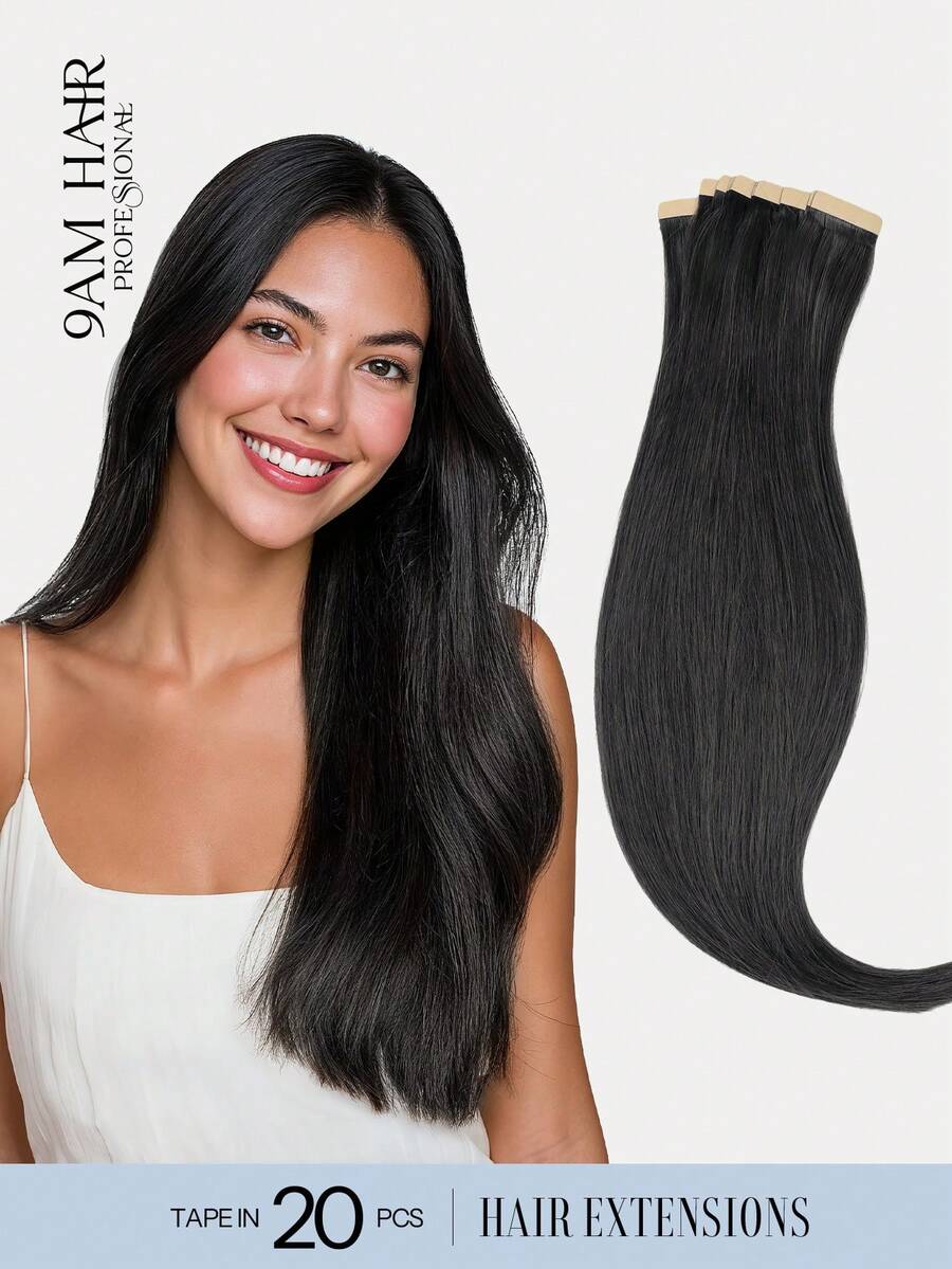 9AM Hair 20PCS Straight Tape In 100% Human Hair Extensions 14-24inches 50G/Pack For Salon Natural High Quality Real Remy Human Hair Silky Seamless Invisible PU Tape In Hair Extensions Winter Christmas Halloween Costumes Autumn Outfits Women Fall - S1B - View 1