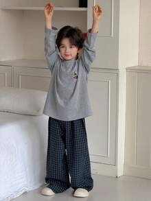 DAZY Tween Boy Cartoon Bear Print Long Sleeve Top And Plaid Pants Pajama Set Spring - Grey - View 5