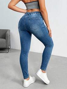 Pantalón de Mezclilla Mujer Skinny Jeans Stretch con Resorte y Cordón Tiro Alto Curvy Azul - Celeste - Ver 3