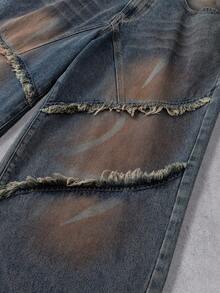 Manfinity Denimwave 复古美式设计流苏层叠水洗宽松阔腿牛仔裤 - 深色水洗藍 - 查看 7