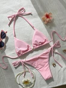 Bikini de mujer Swim Mod-D de unicolor con decoración floral en el cuello halter, para primavera/verano - Rosa - Ver 4