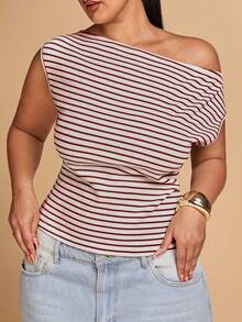 SHEIN BAE Áo thun hở vai kẻ sọc nâu đan móc cỡ lớn thời trang xuân, thu, hè, phù hợp cho mọi hoạt động giải trí hàng ngày, đi chơi, đi chơi với bạn gái, tiệc trà chiều, đi làm, kỳ nghỉ ở bãi biển và các dịp kết hợp khác - Đỏ và trắng - Xem 5