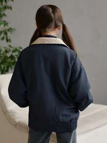 DAZY 少女宽松印花高领拉链抓绒外套，秋季款 - 藏蓝色 - 查看 3