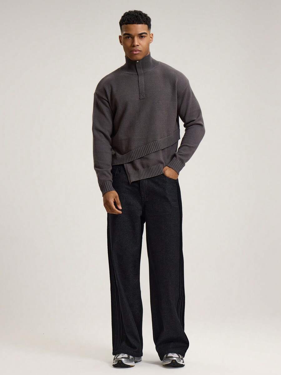 Musero Long Sleeve Chunky Hem Wrap Around Detail Knit High Kneck Button Detailing Jumper Dropped Shoulder Top Autumn Winter Essentials - Grey - View 1