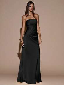 SHEIN BAE 性感简约纯色黄色奶油色无肩带褶皱修身露背连衣裙，适合派对、鸡尾酒会、正式场合、伴娘、生日、黄色缎面正式礼服、圣诞节、宴会、商务休闲等场合。 - 黑色 - 查看 5