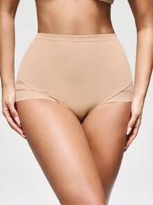 SHEIN Women's Solid Color High Waist Comfortable Breathable Sheer Shapewear Bottom - Apricot - View 3