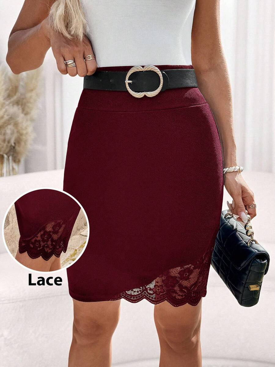 SHEIN Clasi Váy dài đến đầu gối phối ren cao cấp thời trang mới dành cho nữ, đa năng cho các dịp hàng ngày, đi làm và ngoài trời - Màu Đỏ Sâu - Xem 1