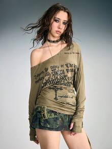 ROMWE Grunge Punk Kaos Slim Fit Leher V dengan Desain Lusuh ala SpringGrunge - Hijau Tentara - View 5