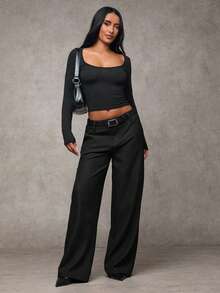 SHEIN BAE Quần ống đứng màu trơn, túi xéo, thích hợp cho nữ đi làm hàng ngày. - màu đen - Xem 3