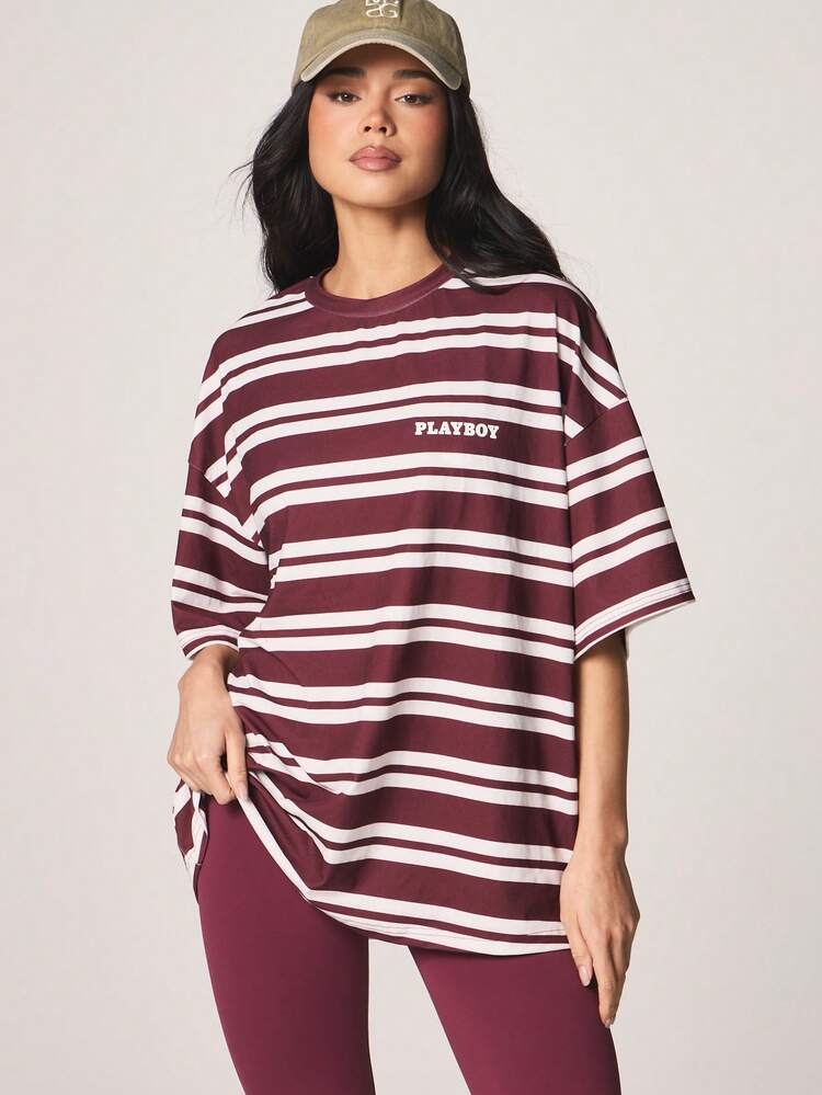 Missguided x Playboy Logo Horizontal Striped Oversized Crew Neck Short Sleeve T-Shirt Casual Relaxed Fit Top