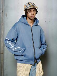 PAVTROS 男士休闲时尚街头字母印花拉链保暖连帽卫衣，秋冬款 - 藍色 - 查看 5