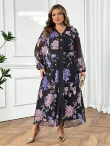 SHEIN CURVE+ Valentine's Day Women's V-Neck Lantern Sleeve Stretch Mesh Contrast Print Fitted Waist Elegant Romantic Plus Size Dress Fall Cloth For Women 8xl Women Clothes Plus Size Floral Dress - Multicolor - View 6