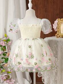 Souflis Souflis 女婴幼儿0-3岁春夏优雅公主风碎花网纱泡泡袖粉色连衣裙 - 杏色 - 查看 3