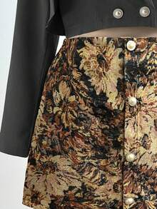 Sweetra Elegant Going Out Tops, Mini Skirt, Wrap Style Tie Waist Short Blazer Jacket, Fitted Slim Chic Blouse + Vintage Sunflower Print A-Line Bodycon Skirt Two Pieces Set - Black - View 4