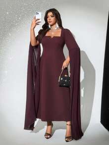 Viva Relle Women Summer Elegant Burgundy Square Neck Maxi Dress,Plus Size Flowing Sleeves Autumn Wedding,New Year's & Valentine's Day Maxi Fall - Brown - View 5