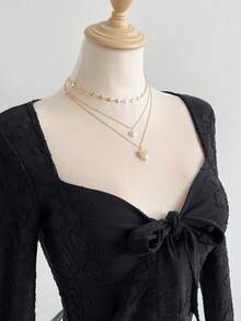 Elamini 女士长袖网眼T恤，心形领口，正面褶皱设计，带蝴蝶结领口