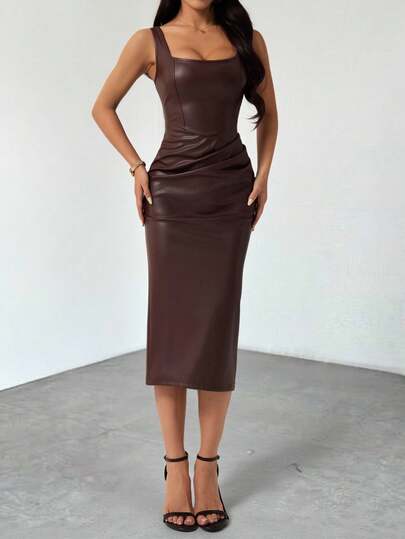SHEIN PETITE PU Leather Women's Brown Dress,Cocktail Dresses For Women,Birthday Dresses For Women,Winter Dress,Fall Dress,Elegant Dresses For Party,Formal Dress,Evening Dress Chic Wedding Faux Leather Dress Chocolate Brown Dress