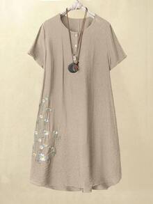 Linhara Plus Size Embroidered Button Front Casual Dress - Khaki - View 3