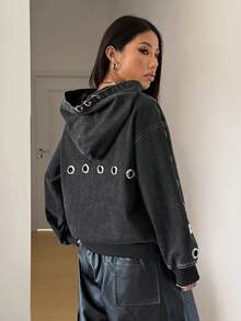 StreetHx Women's Dropped Shoulder Long Sleeve Casual Hooded Denim Jacket - Black - View 9