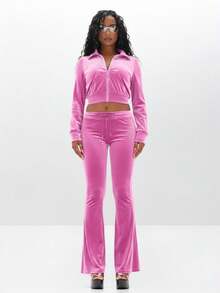 BABYPHAT Velour Funnel Neck Zip Up Sweatshirt With Rhinestone Embellishments Long Sleeve Cropped Top For Fall Winter Casual Wear - Pink - View 3