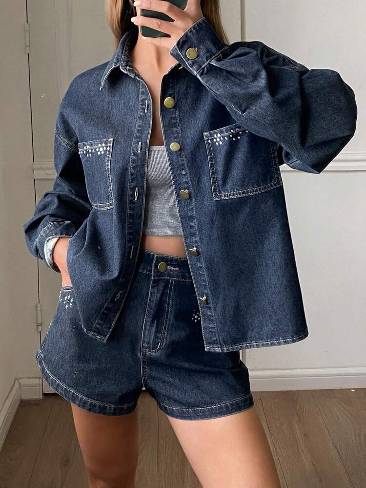 Women's Retro Western Cowgirl Rhinestone Decor Loose Lapel Long Sleeve Shirt And Straight Leg Shorts Casual Suit, Spring/Autumn