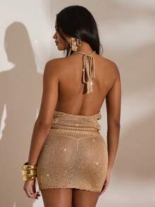 Opulessa Women's Fashion Hollow-Out Gold Line Skirt Party, Club Outfits, Date, Night Out,Vacation ,Beach Outfits,Garden , ,Sexy Elegant Party,, National Day,Going Out Outfit, Carnival - Gold - View 3