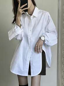 INAWLY Women's Loose Casual Split Hem Shirt - White - View 5