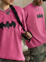 BATMAN X SHEIN Camiseta de manga corta de cuello redondo con estampado de murciélago, casual para hombre, de verano