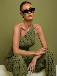 COSMINA Women's Casual Polka Dot Print Sleeveless Top And Pants 2 Pieces Set, Summer, Green Set Women, Pants And Top Set, Wide Leg Pants Set, Green Two Pieces - Olive Green - View 7