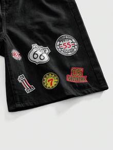 ROMWE MEN Men's Embroidered Pattern Loose Denim Shorts Spring/Summer - Black - View 2