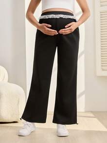 SHEIN Loose Fit Solid Color Lace Trim Maternity Sweatpants - Black - View 3