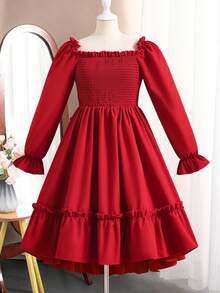 Robe de soirée en mousseline de soie rouge avec nœud papillon au dos, col en V et manches bouffantes, élégante pour les filles, convient pour les célébrations du Nouvel An - Rouge foncé - Voir 5