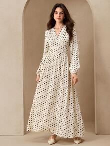 Graceveil Polka Dot Long Sleeve Elegant Maxi Swing Dress For Women - Black and White - View 3