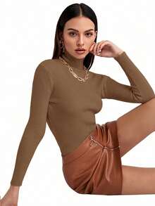 BizChic 女士纯色高领修身长袖基础款毛衣 - 棕色 - 查看 4