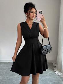 Elenzga Women's Sleeveless V-Neck Criss-Cross Strap Midi Dress, Elegant And Simple For Parties, Spring/Summer - Black - View 4