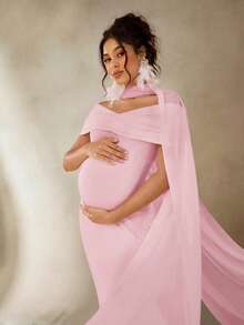 Cheriluna Maternity Váy chụp ảnh bầu, váy dài màu trắng thanh lịch, phù hợp chụp ảnh bầu - Hồng - Xem 6