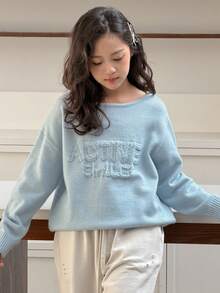 DAZY Tween Girl Solid Color Drop Shoulder Long Sleeve Loose Casual Minimalist Knit Pullover Sweater Spring - Baby Blue - View 6
