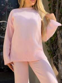 Cioccolato Women's Casual Solid Color Knitted Sweater And Pants 2 Pieces Set, Autumn/Winter - Baby Pink - View 3