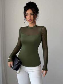Elenzga 女士优雅纯色弹力修身透视拼接长袖上衣，秋冬款 - 軍綠色 - 查看 4