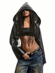 SHEIN EZwear 秋冬季超短款PU皮革露背性感连帽长袖女式外套