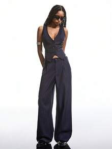 LYSMO Women's Casual Commuter Striped Blazer Vest And Pants Suit Set In Fall/Winter - Navy Blue - View 4